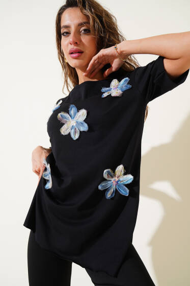Duble Kol Tül Çiçekli T-shirt Siyah - Kadın Giyim Modelleri