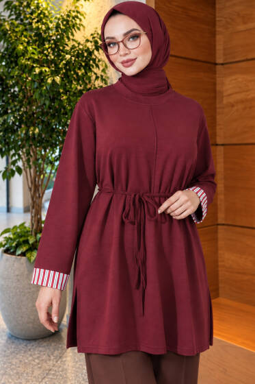 Duble Kol Yaka Garnili Tunik Bordo - Tunik