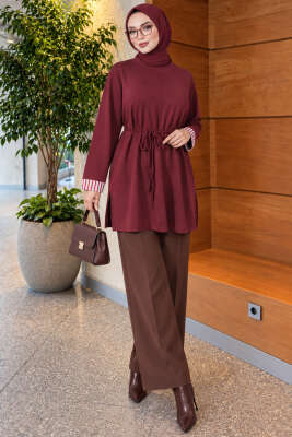 Duble Kol Yaka Garnili Tunik Bordo - Tunik