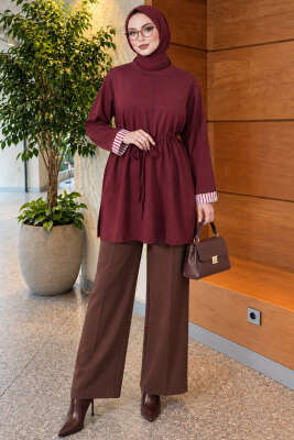 Duble Kol Yaka Garnili Tunik Bordo - Tunik