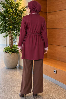 Duble Kol Yaka Garnili Tunik Bordo - Tunik