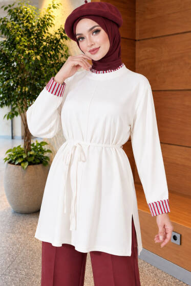 Duble Kol Yaka Garnili Tunik Ekru - Tunik