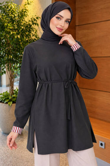 Duble Kol Yaka Garnili Tunik Füme - Tunik