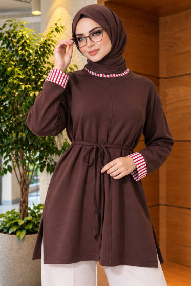 Duble Kol Yaka Garnili Tunik Kahve - Tunik
