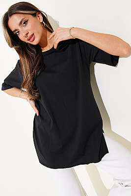 Duble Kol Yan Yırtmaçlı T-shirt Siyah - TEGOE