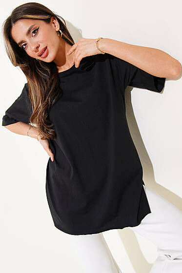 Duble Kol Yan Yırtmaçlı T-shirt Siyah - Kadın Giyim Modelleri