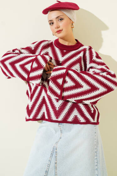 Duble Kol Zikzak Desen Triko Kazak Bordo - Triko Kazak
