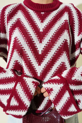 Duble Kol Zikzak Desen Triko Kazak Bordo - Triko Kazak