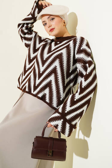 Duble Kol Zikzak Desen Triko Kazak Kahve - Triko Kazak