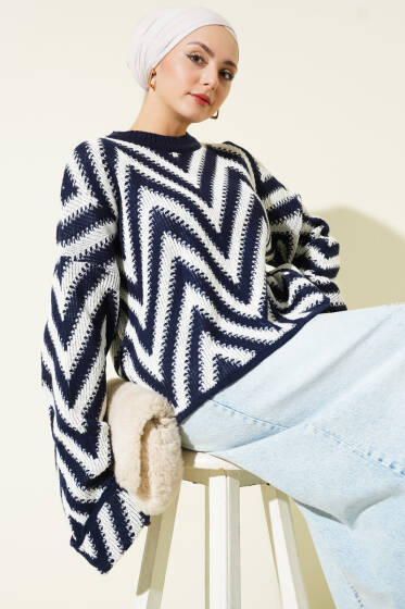 Duble Kol Zikzak Desen Triko Kazak Lacivert - Triko Kazak