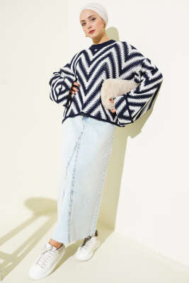 Duble Kol Zikzak Desen Triko Kazak Lacivert - Triko Kazak