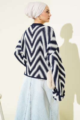 Duble Kol Zikzak Desen Triko Kazak Lacivert - Triko Kazak