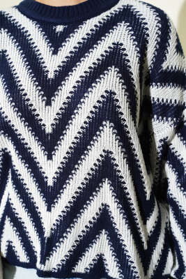 Duble Kol Zikzak Desen Triko Kazak Lacivert - Triko Kazak