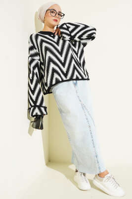 Duble Kol Zikzak Desen Triko Kazak Siyah - Triko Kazak