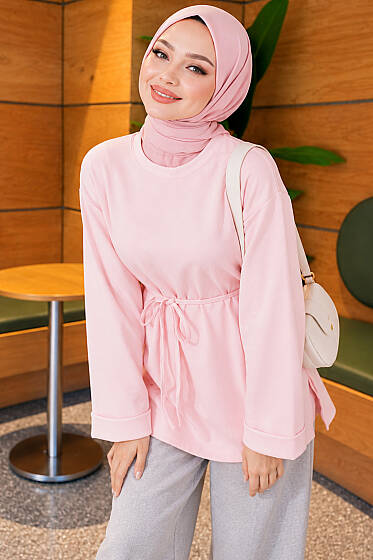 Duble Kollu İp Kuşaklı Tunik Pembe - Tunik