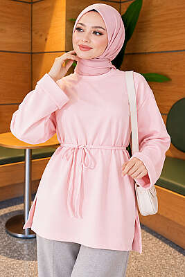 Duble Kollu İp Kuşaklı Tunik Pembe - Tunik