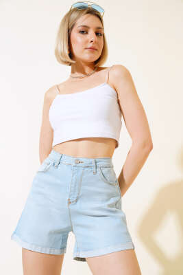 Duble Paça Kot Şort Buz Mavisi - Kadın Giyim Modelleri