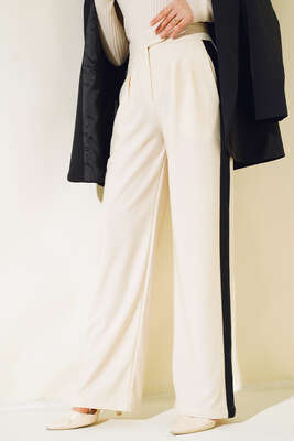 Duble Palazzo Şeritli Pantolon Bej - TİLLE