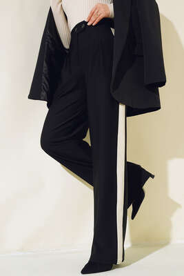 Duble Palazzo Şeritli Pantolon Siyah - TİLLE