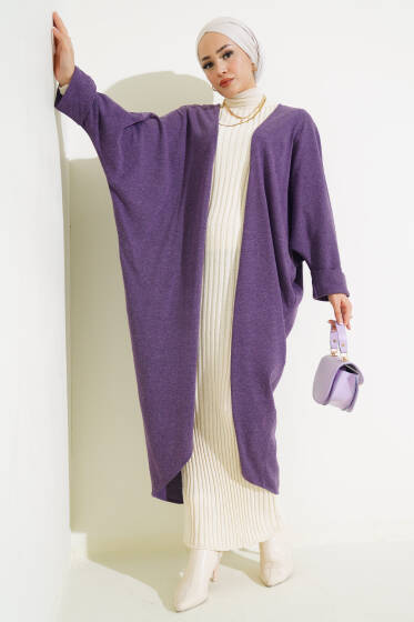 Duble Yarasa Kol Uzun Hırka Mor - Hırka