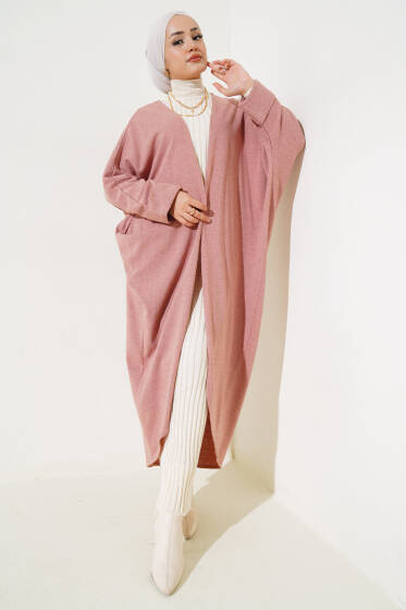 Duble Yarasa Kol Uzun Hırka Pudra - Hırka