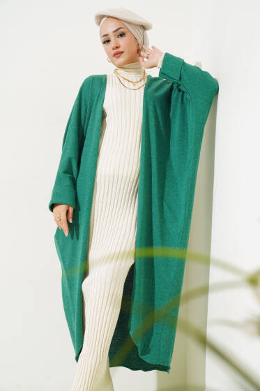 Duble Yarasa Kol Uzun Hırka Yeşil - Hırka