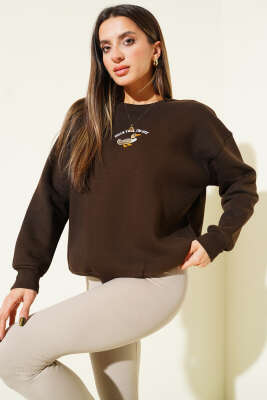 Duck İşlemeli Sweatshirt Kahve - Kadın Giyim Modelleri