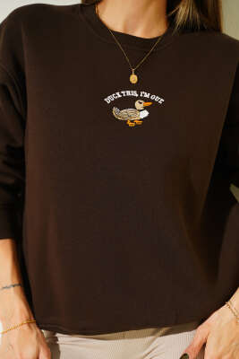 Duck İşlemeli Sweatshirt Kahve - Kadın Giyim Modelleri