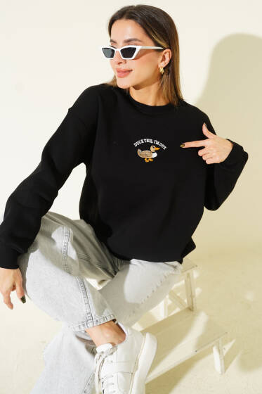 Duck İşlemeli Sweatshirt Siyah - Kadın Giyim Modelleri