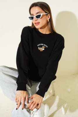 Duck İşlemeli Sweatshirt Siyah - Kadın Giyim Modelleri