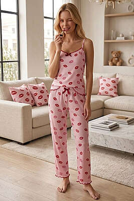 Dudak Desen İp Askılı Pijama Takımı Pembe - IŞILAY
