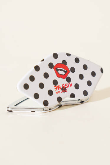 Dudak Figürlü Cep Ayna Beyaz Puantiye - Ayna