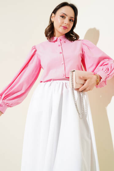 Balon Kol Kısa Gömlek Fuşya - Gömlek