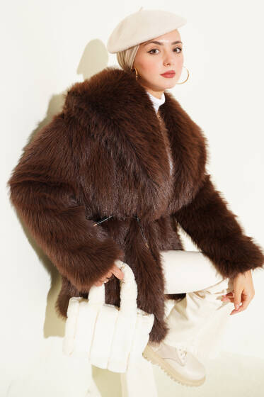 Geniş Yaka Kürklü Mont Kahve - Mont