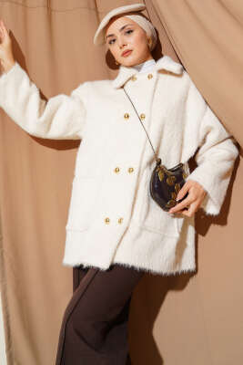 Gold Düğmeli Sakallı Kemerli Ceket Ekru - DUFON