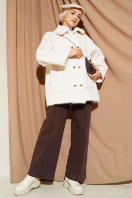 Gold Düğmeli Sakallı Kemerli Ceket Ekru - Ceket