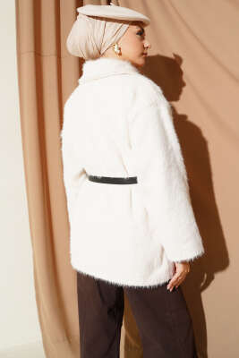 Gold Düğmeli Sakallı Kemerli Ceket Ekru - Ceket