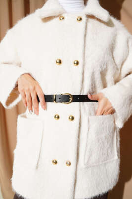 Gold Düğmeli Sakallı Kemerli Ceket Ekru - Ceket