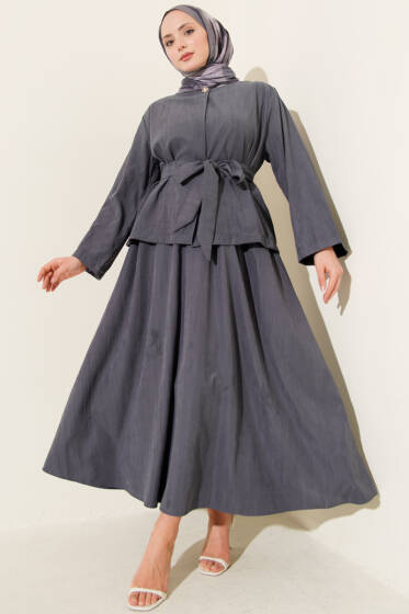 Gold Düğme Detaylı Tensel Etekli İkili Takım Kayrak Grisi - İkili Takım