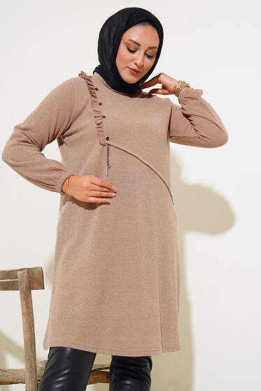 Düğme Detay Fırfırlı Büyük Beden Tunik Bej - Tunik