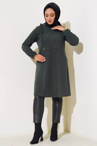 Düğme Detay Fırfırlı Büyük Beden Tunik Haki - Tunik