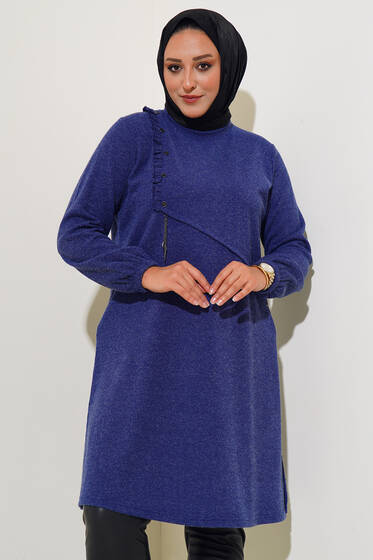 Düğme Detay Fırfırlı Büyük Beden Tunik İndigo - Tunik