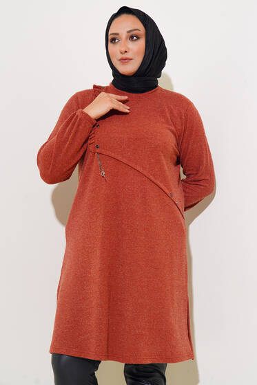Düğme Detay Fırfırlı Büyük Beden Tunik Kiremit - Tunik