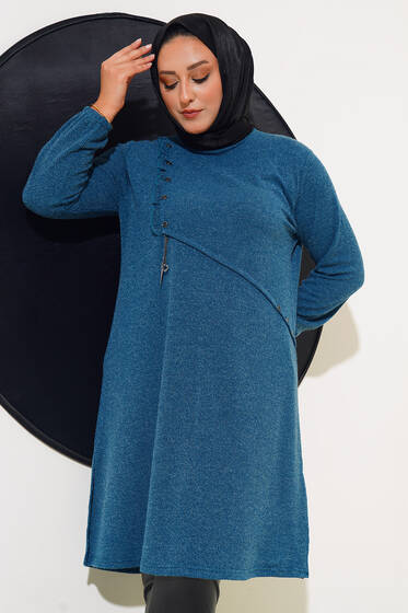 Düğme Detay Fırfırlı Büyük Beden Tunik Petrol - Tunik
