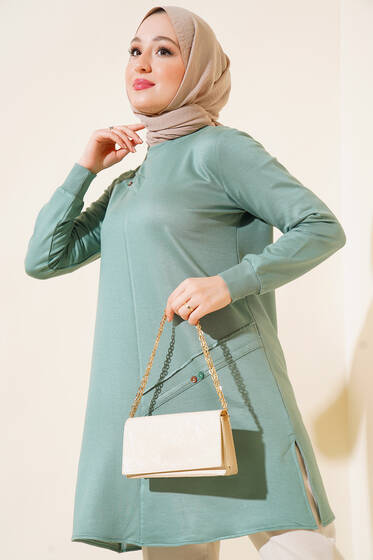 Düğme Detay Uzun Basic Tunik Çağla Yeşili - Tunik