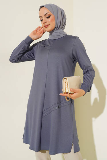 Düğme Detay Uzun Basic Tunik Gri - Tunik