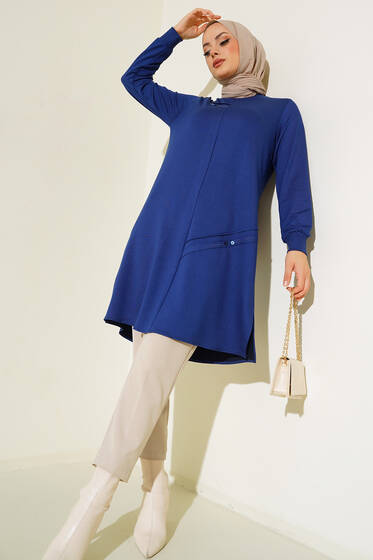 Düğme Detay Uzun Basic Tunik İndigo - Tunik