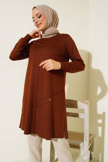Düğme Detay Uzun Basic Tunik Kahve - Tunik