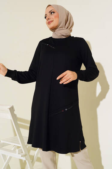 Düğme Detay Uzun Basic Tunik Siyah - Tunik