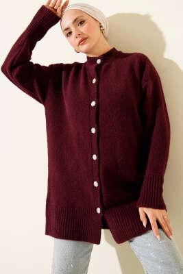 Düğme Detaylı Basic Triko Hırka Bordo - VANİZA TRİKO